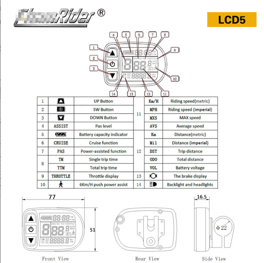 24V36V48V72V Ebike Hub Motor Control Panel LCD Display Meter