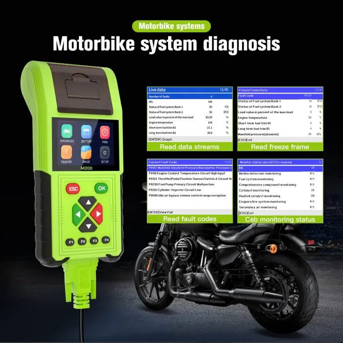 JDiag M200 Motorcycle obd 2 scanner, Relay Test,Sensor Signal Simulation,Injector Test For BMW Yamaha Honda Kawasaki Suzuki