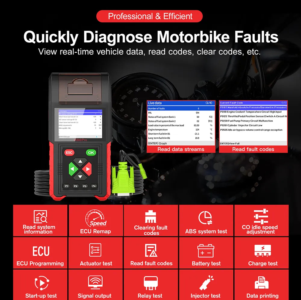 JDiag M200 Pro Diagnostic Scanner with Honda ECU Remap, Battery Tester ABS System Fault Codes For Universal Motorcycle