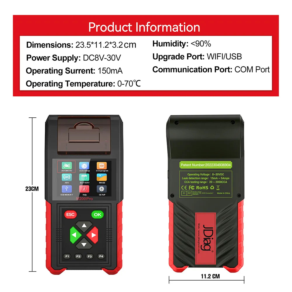 JDiag M200 Pro Diagnostic Scanner with Honda ECU Remap, Battery Tester ABS System Fault Codes For Universal Motorcycle