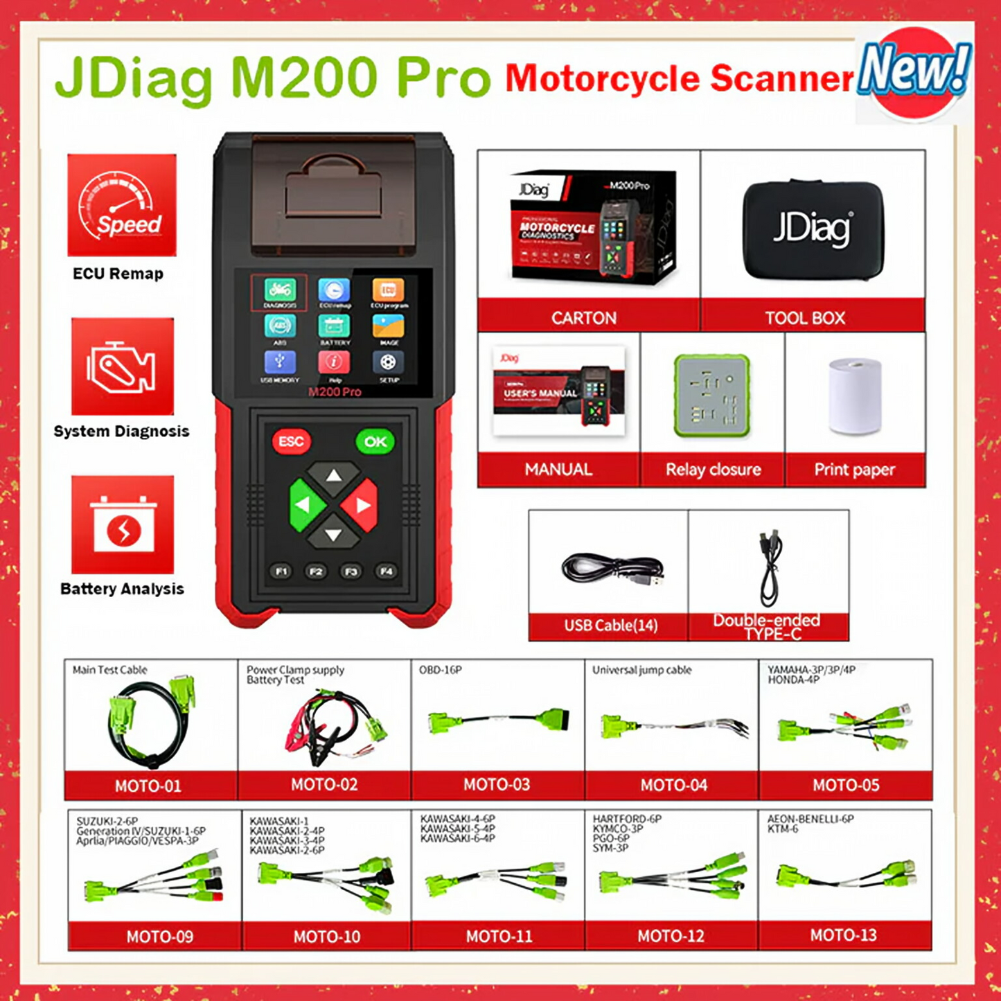 JDiag M200 Pro Diagnostic Scanner with Honda ECU Remap, Battery Tester ABS System Fault Codes For Universal Motorcycle