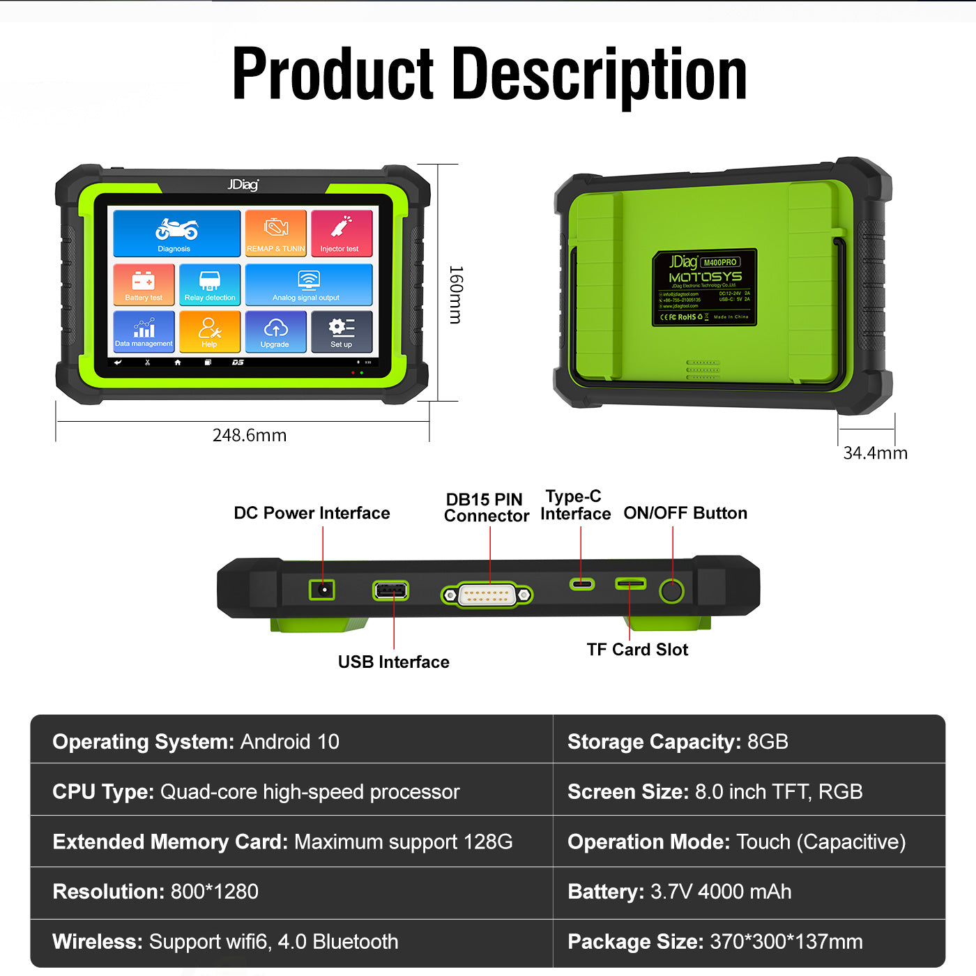 JDiag M400 Motorcycle Diagnostic OBD2 Scanner For Universal Motorcycle 8.0 inch