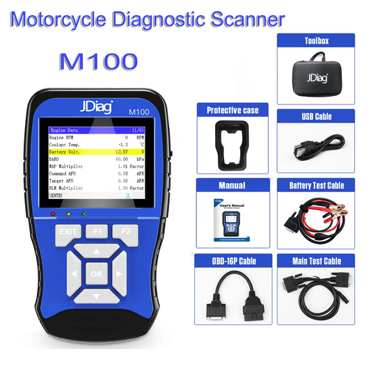 JDiag M100 OBD Motorcycle Multi-Language Diagnostic Scanner, Battery tester for motorcycle, Code Reader for Honda Kawasaki Yamaha Suzuki