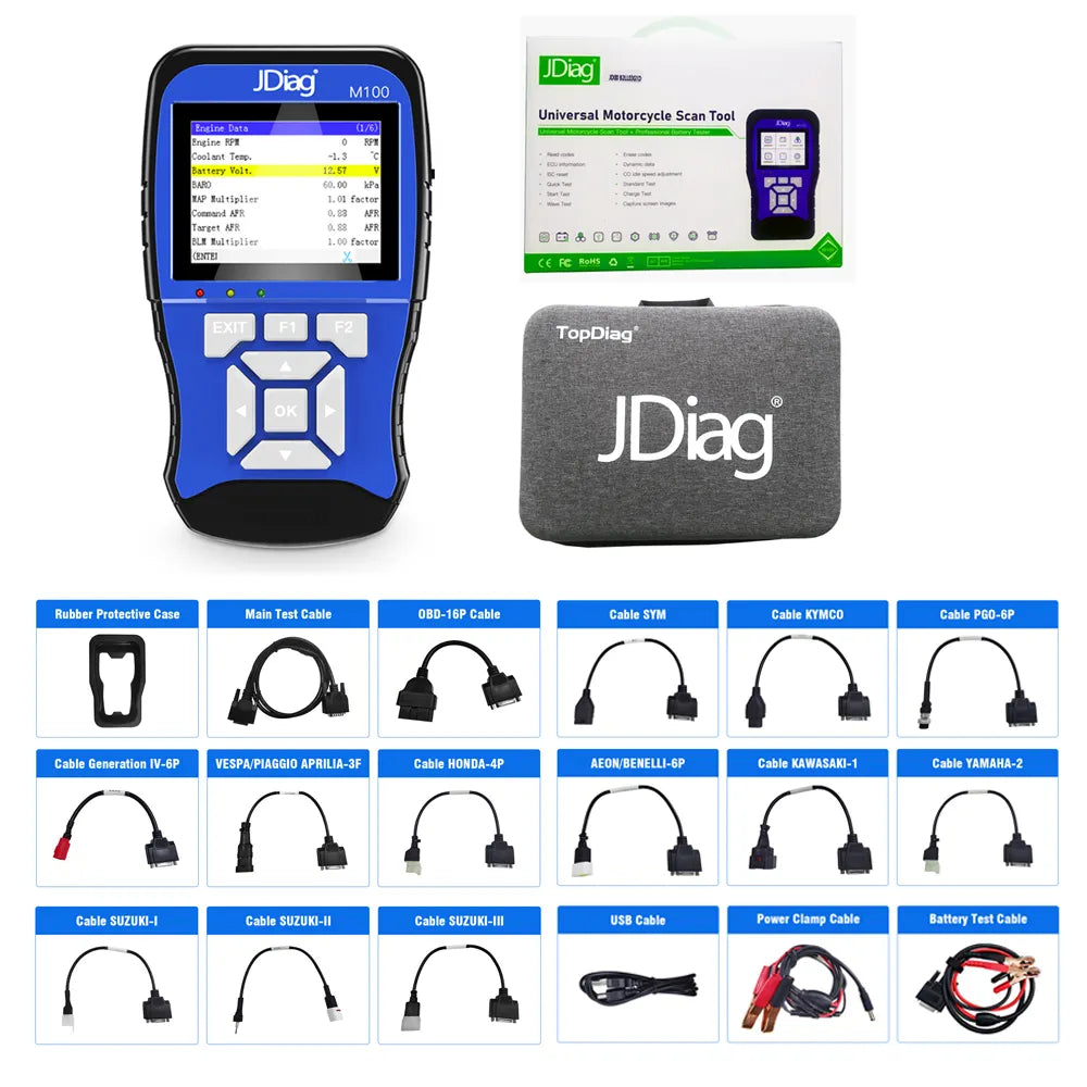JDiag M100 OBD Motorcycle Multi-Language Diagnostic Scanner, Battery tester for motorcycle, Code Reader for Honda Kawasaki Yamaha Suzuki