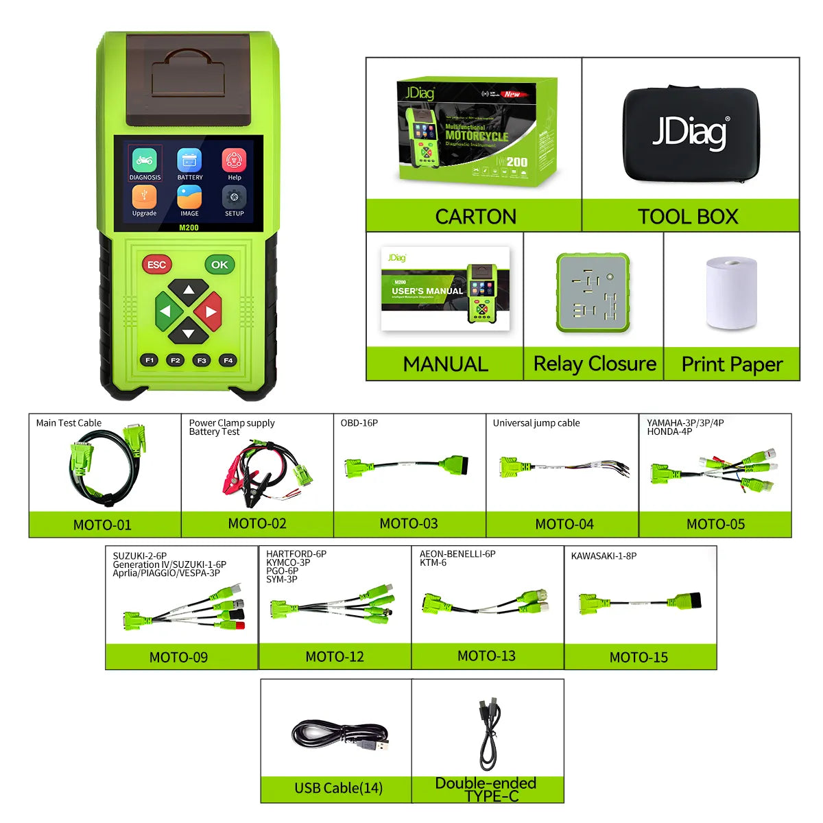 JDiag M200 Motorcycle obd 2 scanner, Relay Test,Sensor Signal Simulation,Injector Test For BMW Yamaha Honda Kawasaki Suzuki