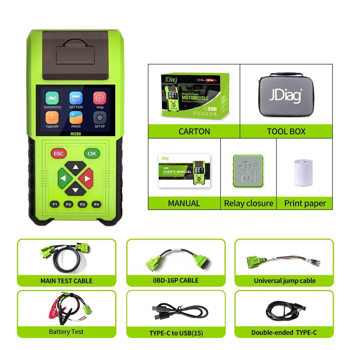 JDiag M200 Motorcycle obd 2 scanner, Relay Test,Sensor Signal Simulation,Injector Test For BMW Yamaha Honda Kawasaki Suzuki