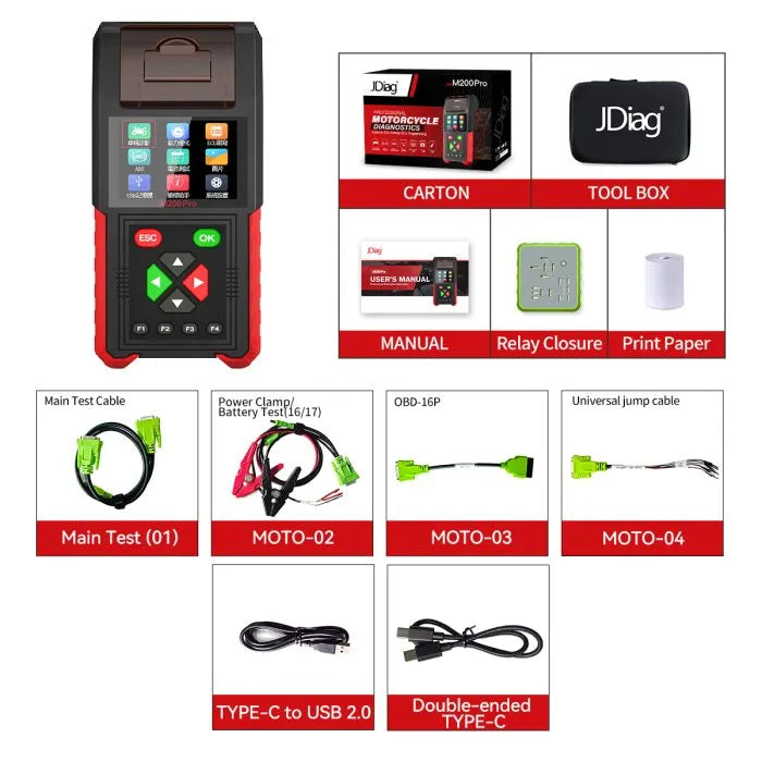 JDiag M200 Pro Diagnostic Scanner with Honda ECU Remap, Battery Tester ABS System Fault Codes For Universal Motorcycle