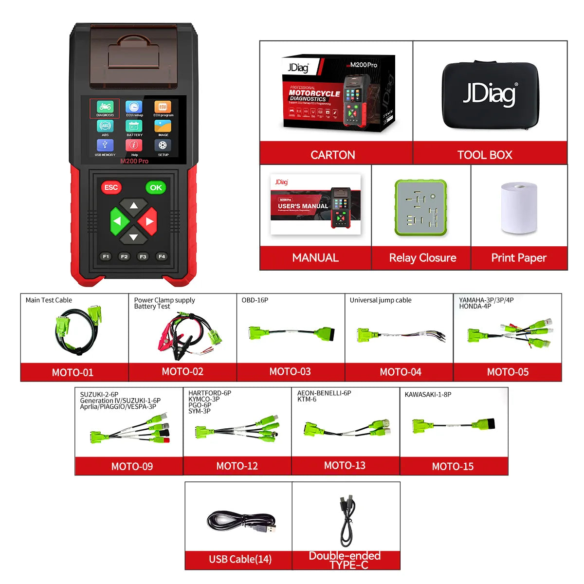 JDiag M200 Pro Diagnostic Scanner with Honda ECU Remap, Battery Tester ABS System Fault Codes For Universal Motorcycle